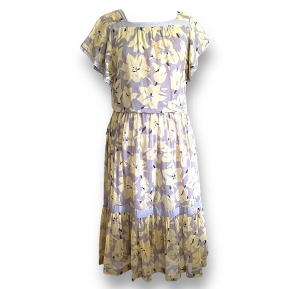 Vintage Dresses & Skirts - Vintage 80s Womens Midi Dress Sz M Gray Yellow Floral Boho Blouson Cotton Gauze